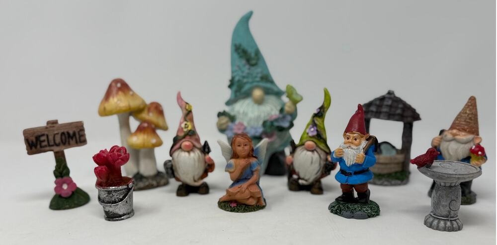 Fairy Garden 11 pieces One Large & Four Small Gnomes, Wishing Well, Bird Bath